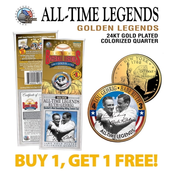 LOU GEHRIG & BABE RUTH Yankees Golden Legends 24K Gold Plated State Quarter BOGO