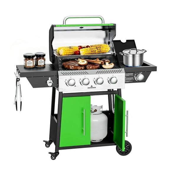 LOUAORIS 4-Burner Propane Gas BBQ Grill with Side Burner & Stainless Steel Grates, 50,000 BTU Output Barbeque Grill for Outdoor Cooking Kitchen and Patio Backyard, with Wheels and Storage, Green