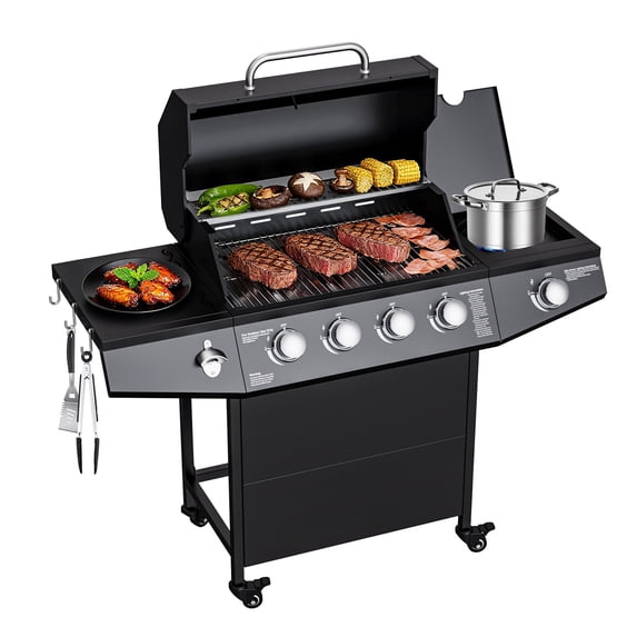 LOUAORIS 4-Burner Propane Gas Grill with Side Burner, 50,000 BTU Outdoor Gas BBQ Grill with Stainless Steel Grate, Easy-Clean Grease, Outdoor Cooking for Patio, Camping, Backyard