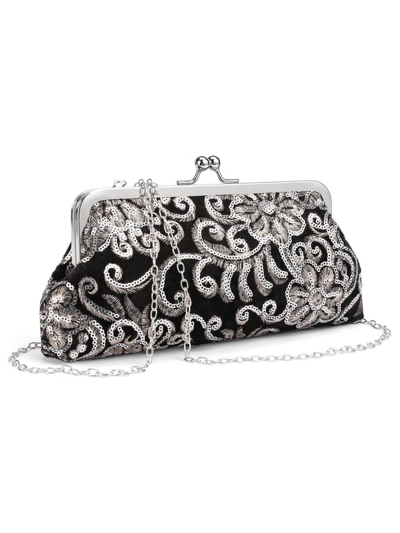 Clutch Purse for Women Floral Embroidery Sequin Evening Bags Elegant Kiss Lock Wedding Party Cocktail