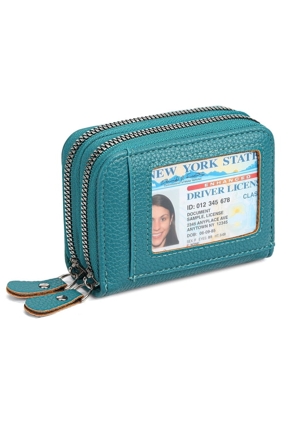 Credit Card Holder Wallet RFID Blocking Leather Small Wallet for Women Double Zipper Wallet with ID Window