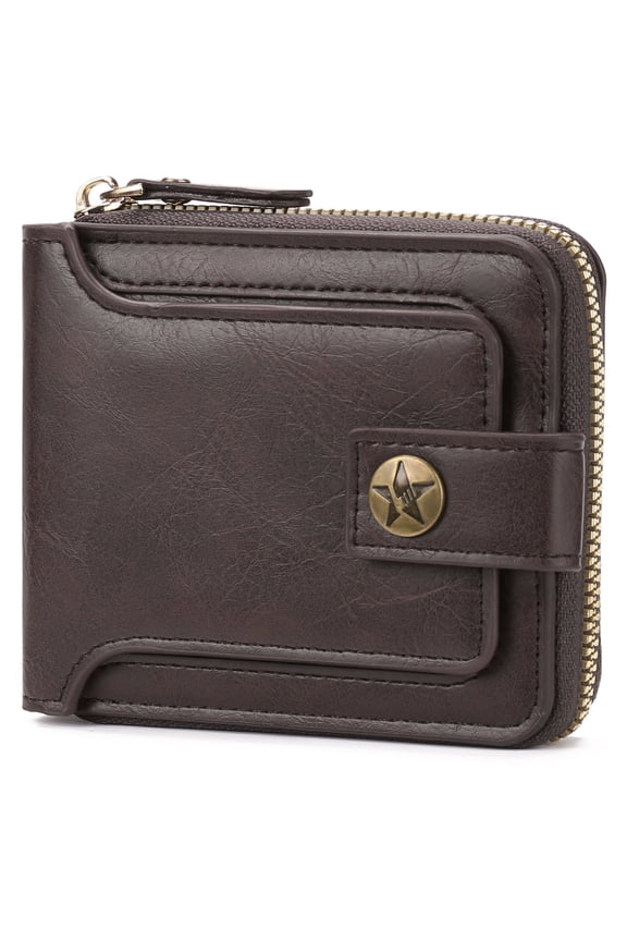 Leather Men's Wallet with Zipper Vintage RFID Blocking Large Capacity Wallet for Men with 10 Credit Card Slots and 1 ID Window