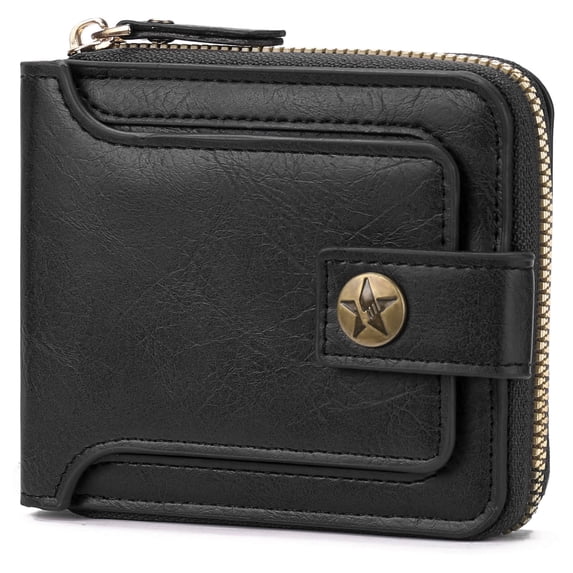 LOUEBICA Leather Men's Wallet with Zipper Vintage RFID Blocking Large Capacity Wallet for Men with 10 Credit Card Slots and 1 ID Window