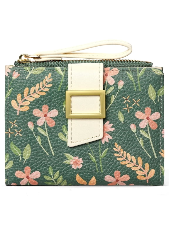 Small Wallets for Women Bifold Vegan Leather Wallet RFID Blocking Floral Pattern Card Holder with Zipper Pocket