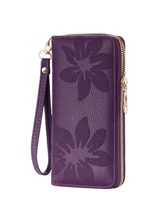 Wallet Women Leather RFID Blocking Wristlet wallets Ladies Clutch with Floral Pattern for Phone and Card