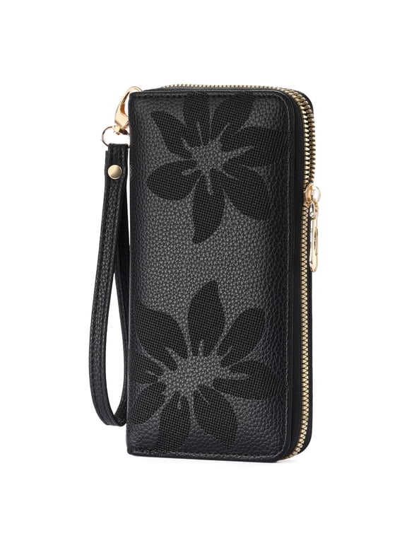 Wallet Women Leather RFID Blocking Wristlet wallets Ladies Clutch with Floral Pattern for Phone and Card