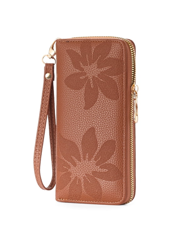 Wallet Women Leather RFID Blocking Wristlet wallets Ladies Clutch with Floral Pattern for Phone and Card