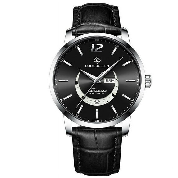 LOUIE JUELEN New Master Moon Phase Luminous Waterproof Brand Wrist Watch Men's Fashion Genuine Leather Strap Quartz Watch