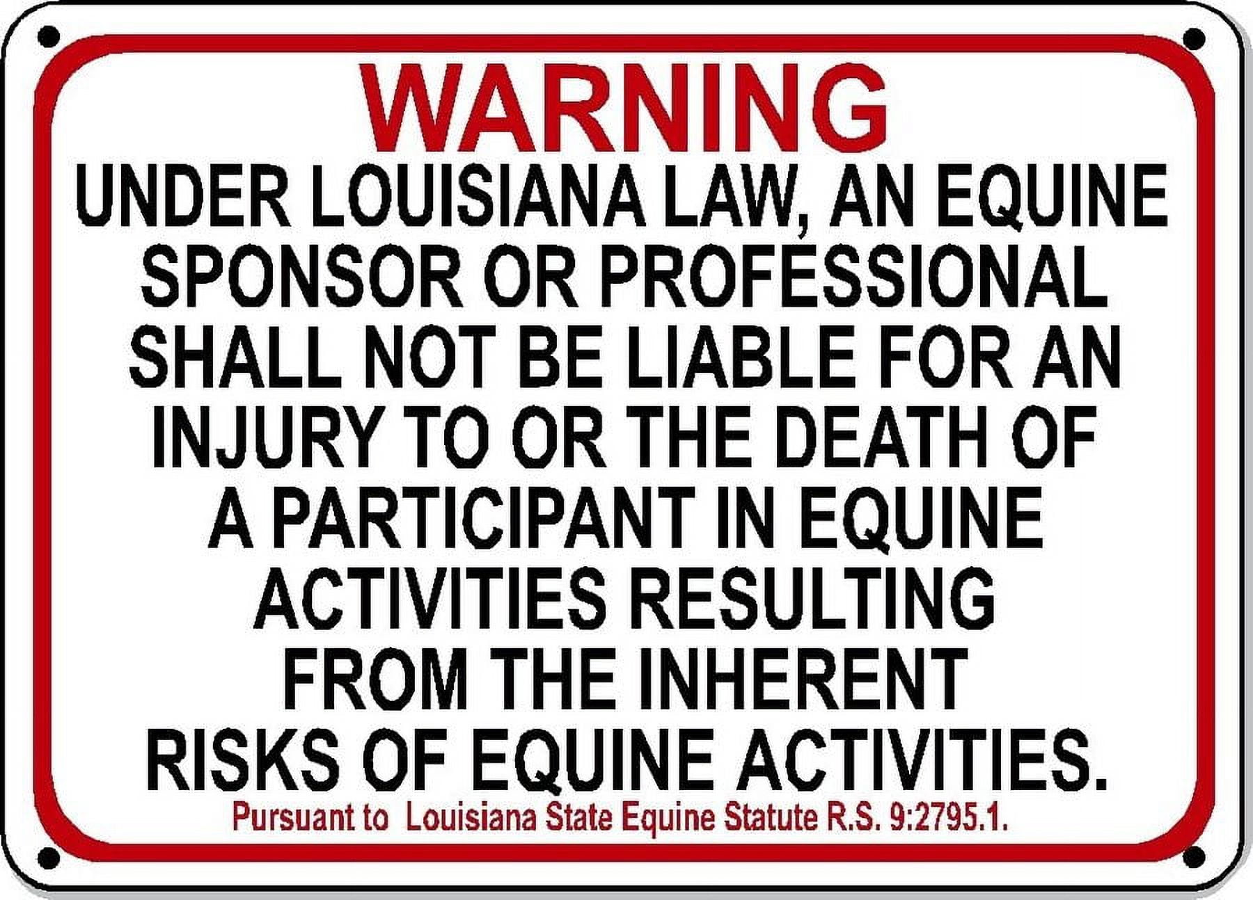 LOUISIANA Equine Metal Sign activity liability warning statute horse ...