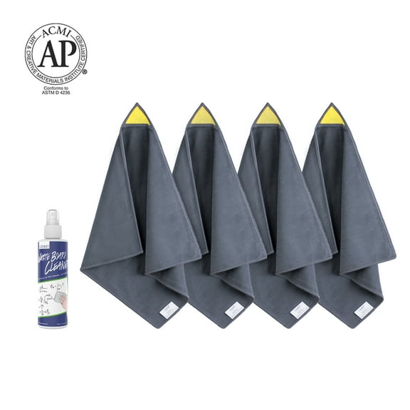 LOUKIN 4pcs Magnetic Whiteboard Cleaning Cloth, Dry Erase Cleaning Cloth, Gray, 12" x 12", Free 3.4oz Whiteboard Cleaner Included