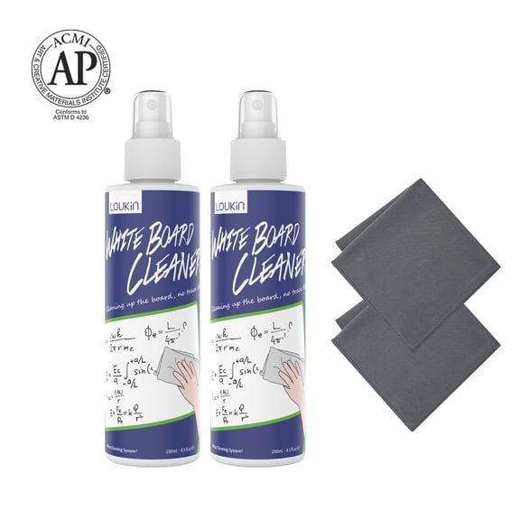 Loukin Non-Toxic Dry Erase Spray, Low-Odor Whiteboard Cleaner with Cloths, 8.5 fl oz (2-Pack)