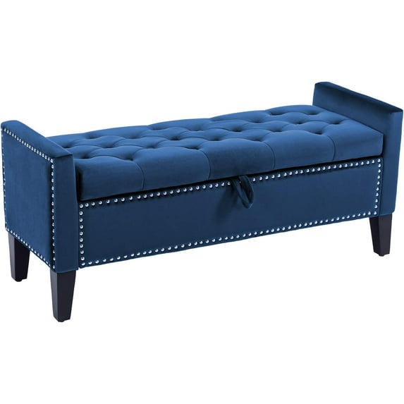 LOULENS 45 Inch Velvet Storage Ottoman, Upholstered End of Bed Bench, Modern Tufted Entryway With Arms, Blue