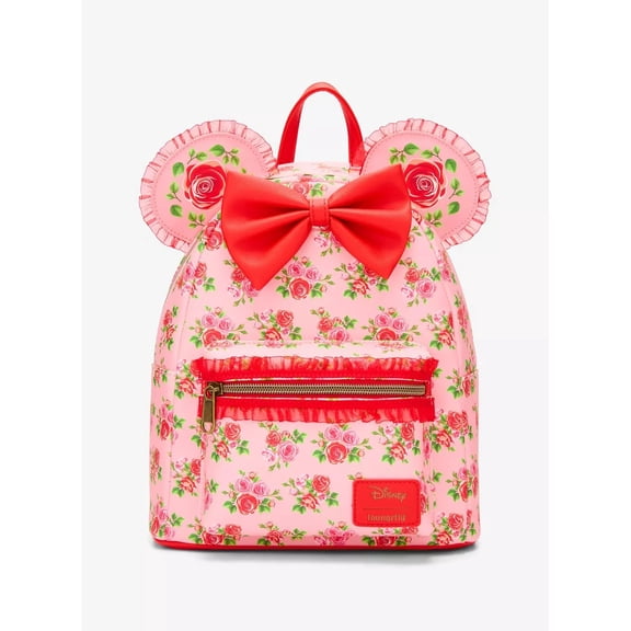 LOUNGEFLY Disney Minnie Mouse Pink And Red Roses Polyurethane Mini Backpack with Figural Ears, Front Pocket, Adjustable Straps, Side Pockets, Zip Closure
