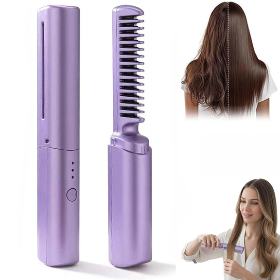 LOUQIBINE Ceramic Hairdressing Comb 2-in-1 Cordless Curling Iron, 3 Heat Settings USB Rechargeable Styling Tool for Smooth Frizz-Free Hair, Travel-Friendly Design for All Hair Types