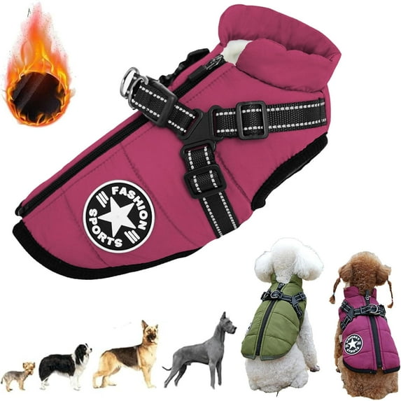 LOUQIBINE Furry King 3-in-1 Dog Winter Coat with Harness, Waterproof Windproof Warm Fleece Lined Jacket for Small Medium Large Dogs