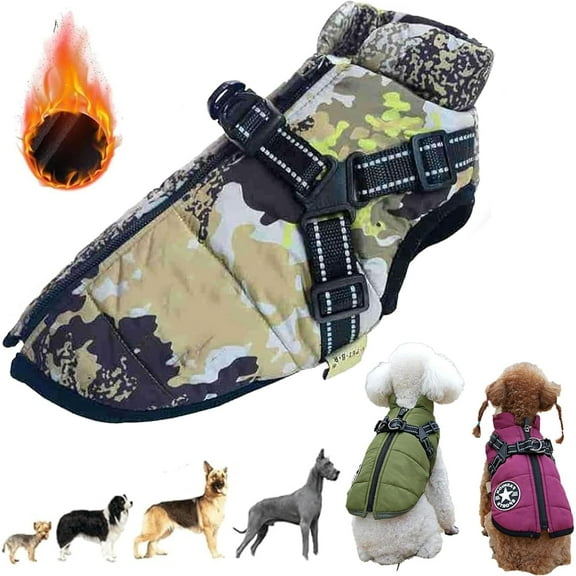 LOUQIBINE Furry King 3-in-1 Dog Winter Coat with Harness, Waterproof Windproof Warm Fleece Lined Jacket for Small Medium Large Dogs