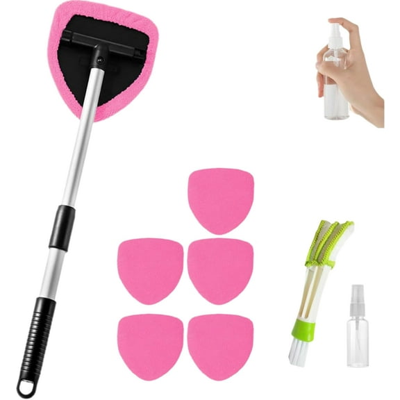 LOUQIBINE Inside Windshield Cleaning Tool, 6pcs Set with Extendable Handle and Reusable Microfiber Pads, Car Interior Detailing Cleaning Kit for Auto Windows, Home, Office, Exterior Glass