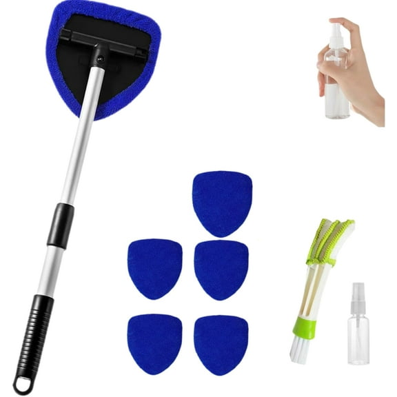 LOUQIBINE Inside Windshield Cleaning Tool, 6pcs Set with Extendable Handle and Reusable Microfiber Pads, Car Interior Detailing Cleaning Kit for Auto Windows, Home, Office, Exterior Glass
