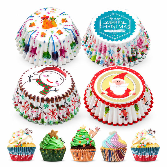 LOVARIA 100Pcs Christmas Cupcake Liners,Santa Snowman Christmas Cupcake Wrappers Baking Cups Paper Wraps Muffin Liners for Xmas Birthday Party Candy Cake Decorations Supplies Cupcake Papers