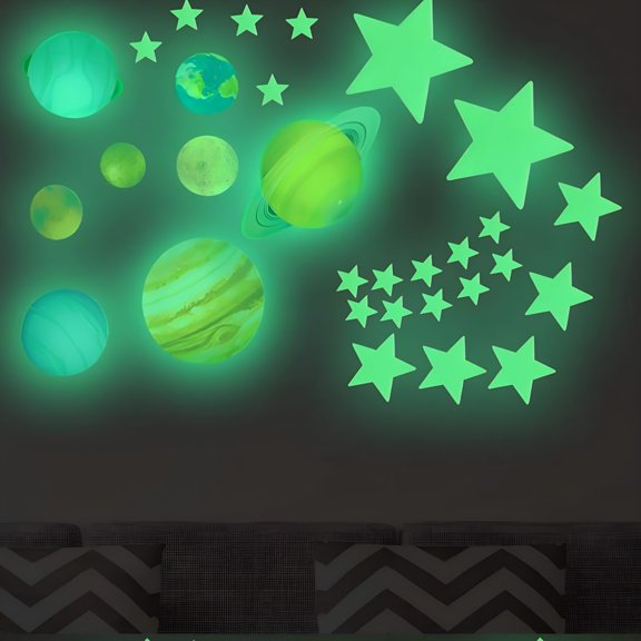 LOVARIA 2026 New 100 Pcs Stars and Planets Luminous Wall Stickers-Glow in the Dark Planets,Bright Solar System Wall Stickers-Sun Earth Mars and So on Ceiling Decals for Bedroom Living Room