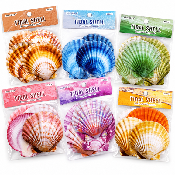 LOVARIA 96 Pcs Vintage Seashell Cardstock Stickers,6 Packs Aesthetic Sea Shell Ephemera for Junk Journaling,Retro Coastal Seashell Decals for Scrapbooking,Bujo & Diy Crafts