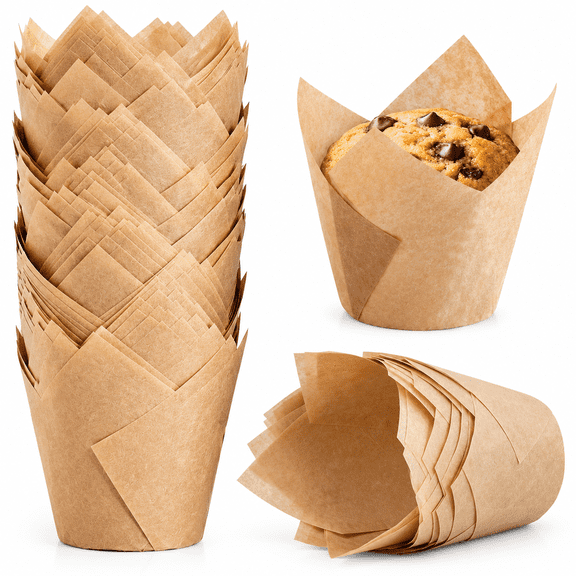 LOVARIA Brown Paper Tulip Baking Paper Cups,JUMBO Extra Large,120 Pack,Greaseproof Parchment Unbleached Muffin Liners,2-1/4" Base x 3-3/4" Wall Height,Cupcake Liner for Party,Christmas,Valentines