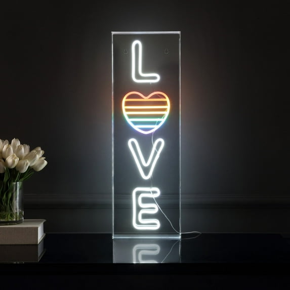 LOVE 8" X 24" Contemporary Glam Acrylic Box USB Operated LED Neon Light, White/Rainbow