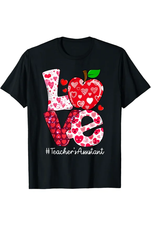 LOVE Apple Teacher's Assistant Valentines Day Buffalo Plaid T-Shirt for Men Women Tops Tee