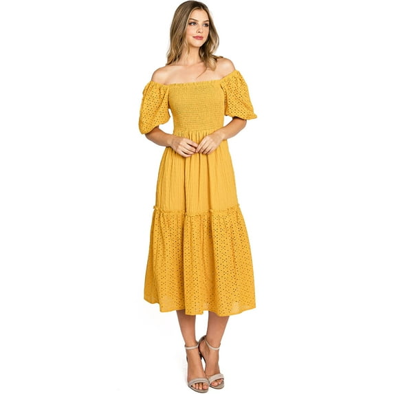 LOVE COLETTE by Flying Tomato Women's Summer Smocked Eyelet Midi Sun Dress (Mustard, Medium)