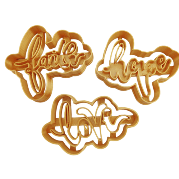 LOVE COOKIE CUTTER WITH FAITH AND HOPE Detailed Encouraging Words Faith Hope And Love Cursive Font Outline Special Occasion Cookie Cutters (3 Pack)