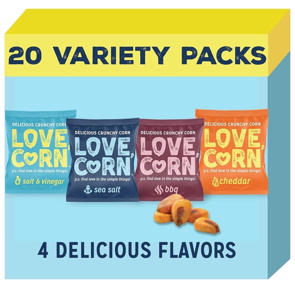 LOVE CORN Family Favorite - Sea Salt, BBQ, Salt & Vinegar, Cheezy 0.7oz x 20 - Delicious Crunchy Corn - Healthy Family Snacks - Gluten Free, NON-GMO - Alternative for Chips, Nuts, Crackers & Pretzels