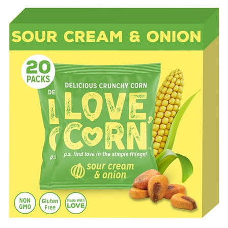 LOVE CORN Sour Cream & Onion 0.7oz x 20 bags - Delicious Crunchy Corn - Healthy Family Snacks - Gluten Free, Kosher, NON-GMO - Alternative for Chips, Nuts, Crackers & Pretzels