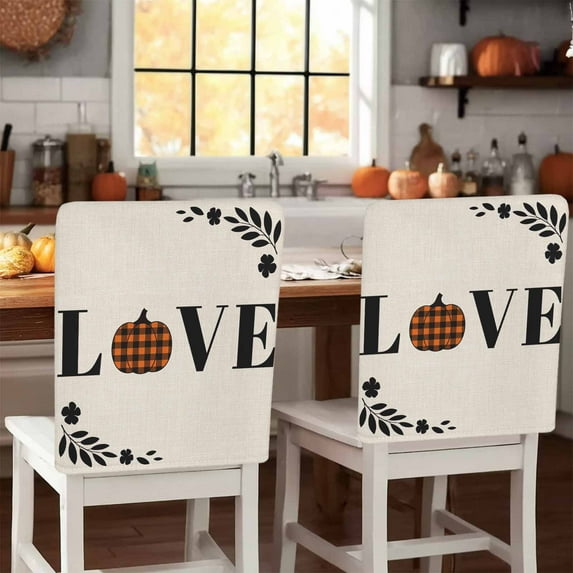 LOVE Chair Covers Set of 4 Thanksgiving Orange Plaid Pumpkin Leaves Linen Texture Chair Back Covers Stretch Removable Washable Slipcovers Protector for Dining Room Kitchen Party Decor