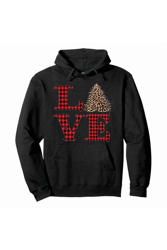 LOVE Christmas 2023 Buffalo Plaid Leopard Print Tree Xmas Pullover HoodieMen's Warm Hoodie Sweatshirt, Perfect For Outdoor Sports, Hiking, Gym And Streetwear Style