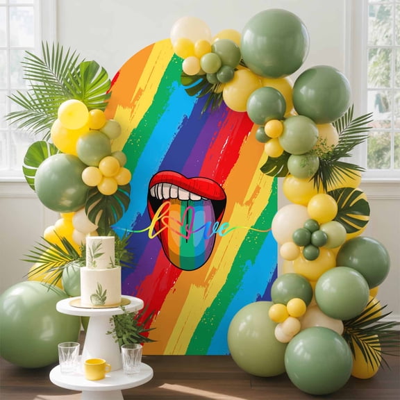 LOVE Colored Arch Backdrop Cover, 7.2FT, Lips Tongue Rainbow Striped Spandex Arch Covers Double-Sided Backdrop for Wedding Birthday Party Photo Background Decoration