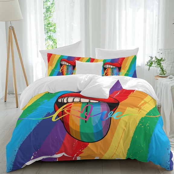 LOVE Colored Comforter Set Queen Size, Lips Tongue Rainbow Striped Soft Bedding Set for Man Woman, 4 Pieces Duvet Cover Set with Fitted Sheet, 2 Pillowcases
