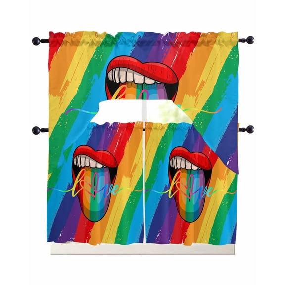 LOVE Colored Swag Valance and Tier Curtains Set Lips Tongue Rainbow Striped Kitchen Curtains 3 Piece Set Rod Pocket Panels for Bedroom Cafe Swag Valances and 24 inches Tiers