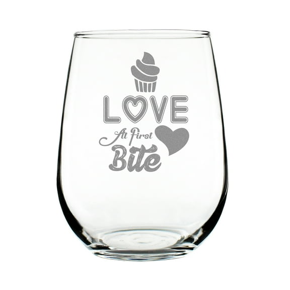 LOVE Cupcake At First Bite 17oz Stemless Wine Glass, Hand Engraved Glass Etched, Lover Gift, Cute Fun