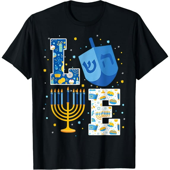 LOVE Cute Hanukkah Decorations Dreidel Menorah Chanukah T-ShirtMen and women, Black T-shirt, size: Extra large S-4XL
