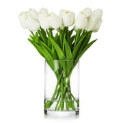LOVE DOCK 14 Pieces Artificial Real Touch Tulips Fake Silk Flowers for Home Office Wedding Event Decoration (White, Without Vase)
