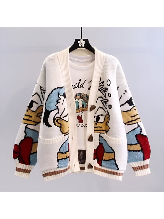 LOVE DOCK Donald Duck Long Sleeve Autumn Winter Cardigan Jumper Tops Turtleneck Pullovers Casual Sweaters Women Loose Sweater Girl
