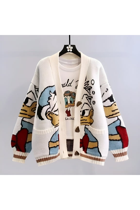 LOVE DOCK Donald Duck Long Sleeve Autumn Winter Cardigan Jumper Tops Turtleneck Pullovers Casual Sweaters Women Loose Sweater Girl