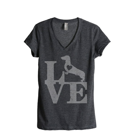 LOVE Dachshund Dog Women's Fashion Relaxed V-Neck T-Shirt Tee Charcoal Grey X-Large