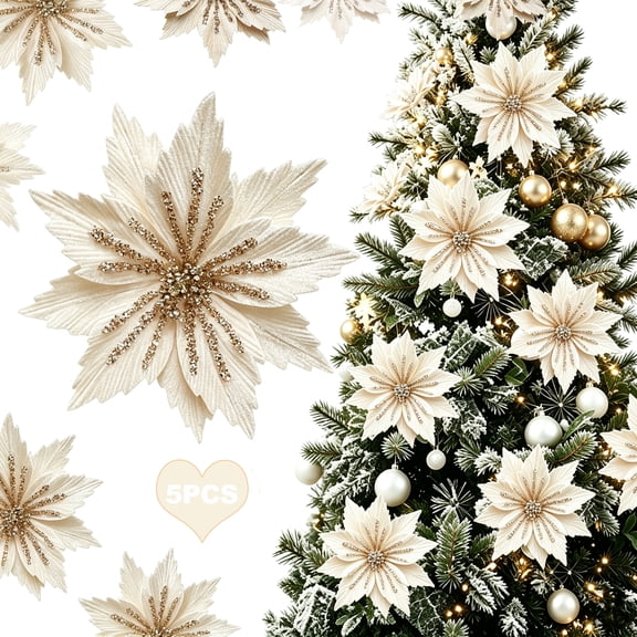 LOVE EYE 5Pcs Christmas Tree Decorations, 9.4 Inch Artificial Poinsettia Flowers with Long Stems for Christmas Trees Wreath Garland Wedding Party DIY Decor (Gold)