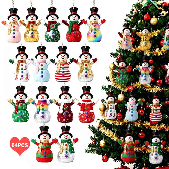 LOVE EYE 64 Pcs Christmas Tree Ornament, Christmas Snowman Decor with String, Festive Hanging Decor for Christmas Tree Mantel Living Room Winter Holiday Party Window Garden