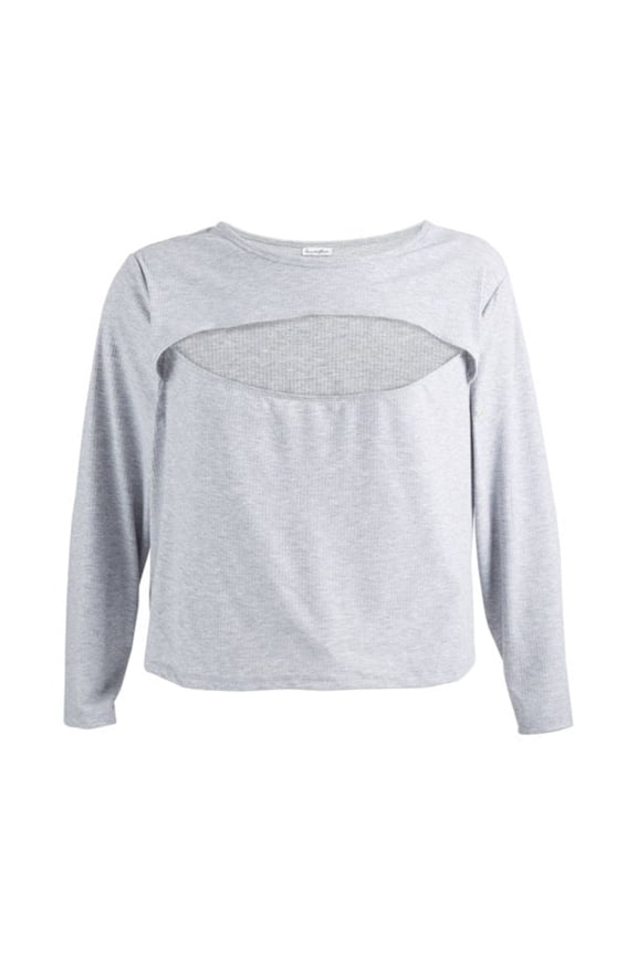 LOVE FIRE Womens Gray Ribbed Cut Out Heather Long Sleeve Crew Neck Top Plus 2X