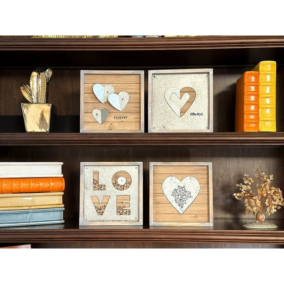 LOVE Framed Art Sign Plaque Block Set 4 Assorted Always & Forever Heart Wood & Metal Hanging Or Standing Block Room Office Shelf Tabletop Counter 8"x8"
