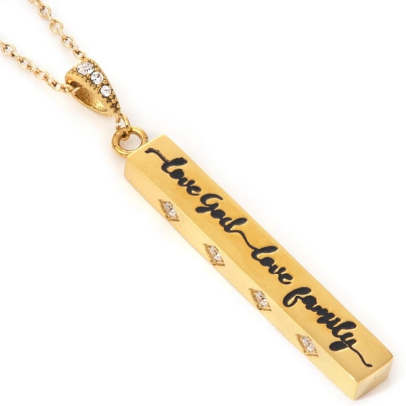 LOVE GOD LOVE FAMILY Gold Plated Bar Necklace, Stainless Steel with CZ Stones