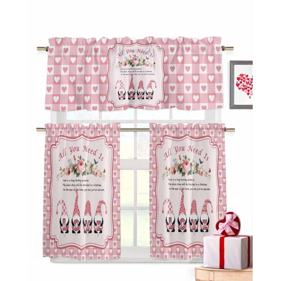 LOVE Gnome Kitchen Curtains Valances and Tiers Set of 3, 24 Inch Length Tier Curtains and Valance Rod Pocket Valance Curtains Set for Kitchen Bathroom Small Windows
