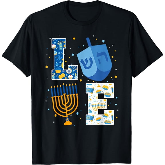 LOVE Hanukkah Decorations Dreidel Menorah Chanukah T-ShirtMen and women, Black T-shirt, size: Extra large S-4XL